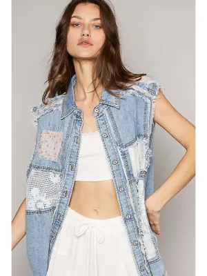 Sleeveless Crochet Lace Floral Patch Denim Vest