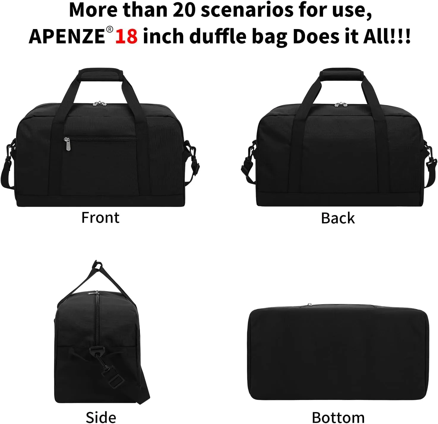 Small Gym Bag 18 inch Carry On Duffel Bag for Weekender Travel - Black