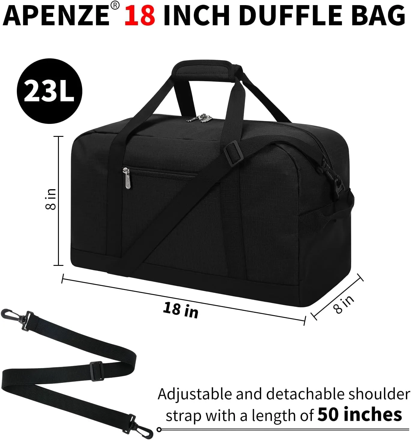 Small Gym Bag 18 inch Carry On Duffel Bag for Weekender Travel - Black