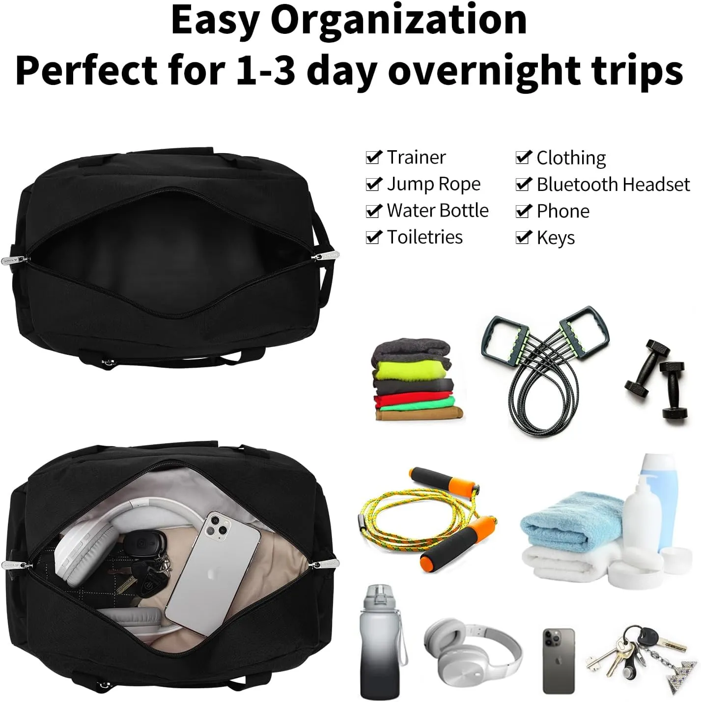 Small Gym Bag 18 inch Carry On Duffel Bag for Weekender Travel - Black