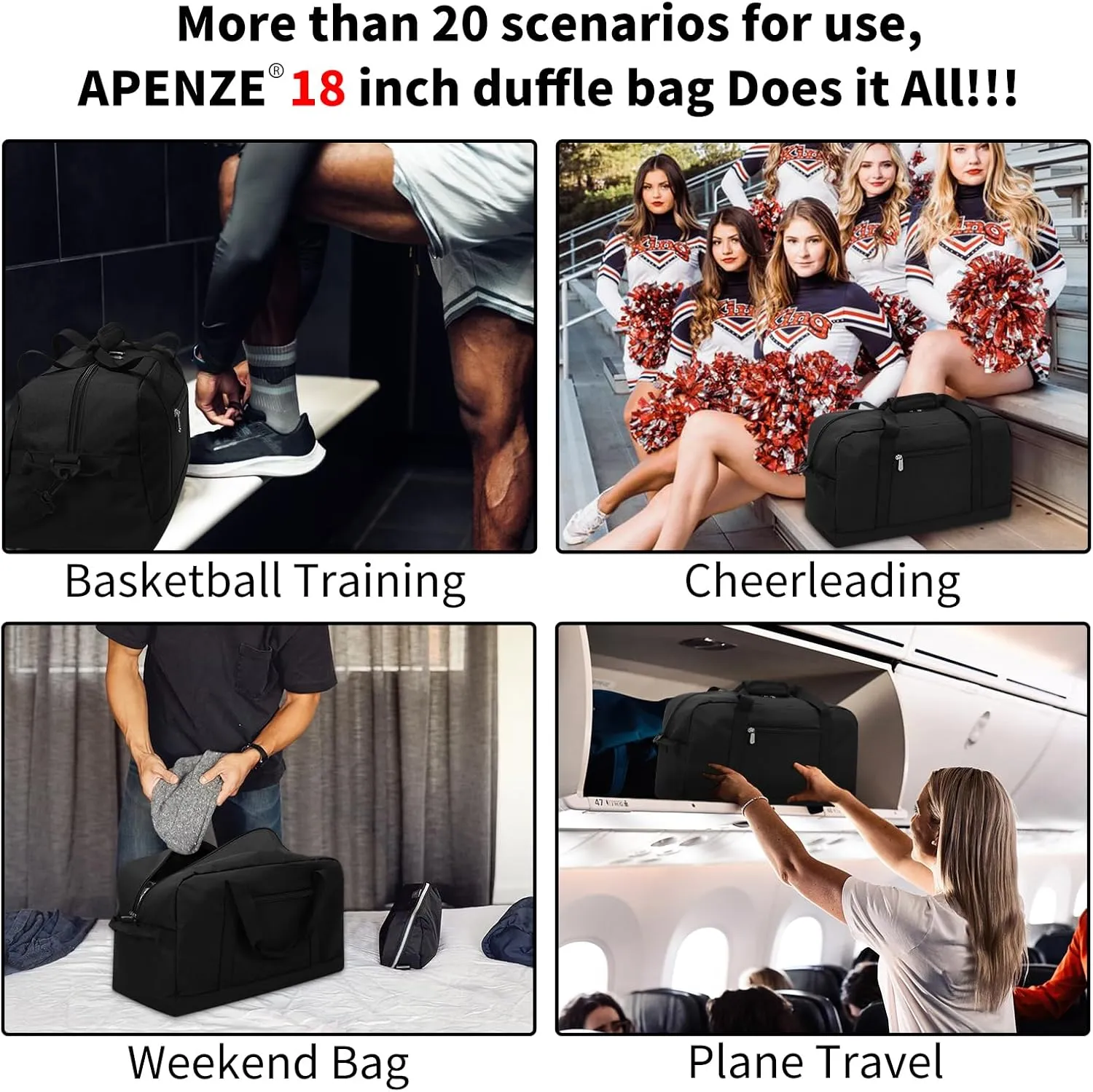 Small Gym Bag 18 inch Carry On Duffel Bag for Weekender Travel - Black