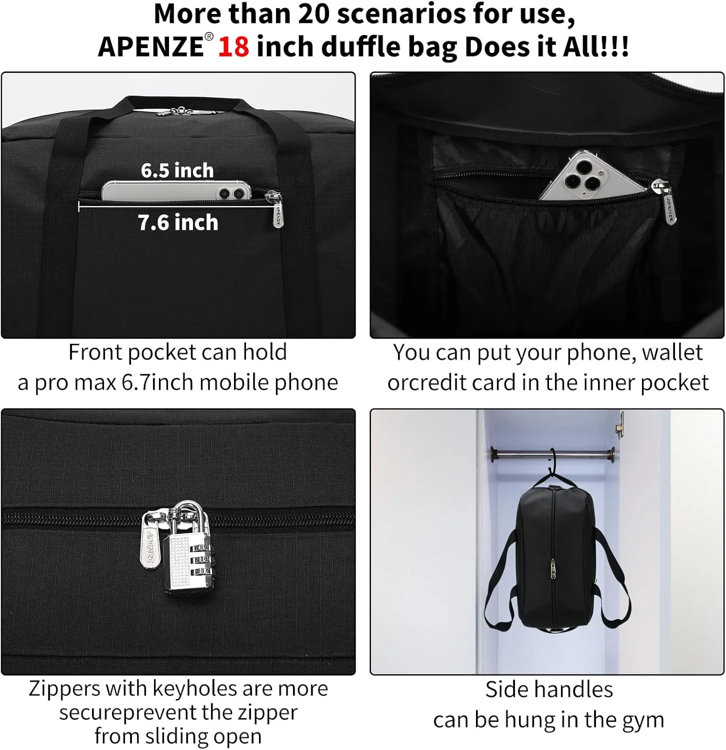 Small Gym Bag 18 inch Carry On Duffel Bag for Weekender Travel - Black