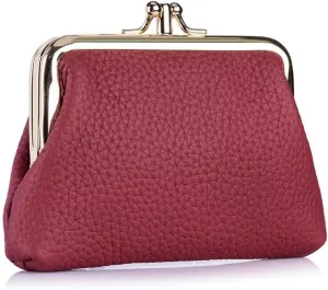 Small Wallet for Women Vintage Leather Coin Purse Compact Kiss Lock Card Case Daily Change Pouch with 2 Pockets, Burgundy, One Size