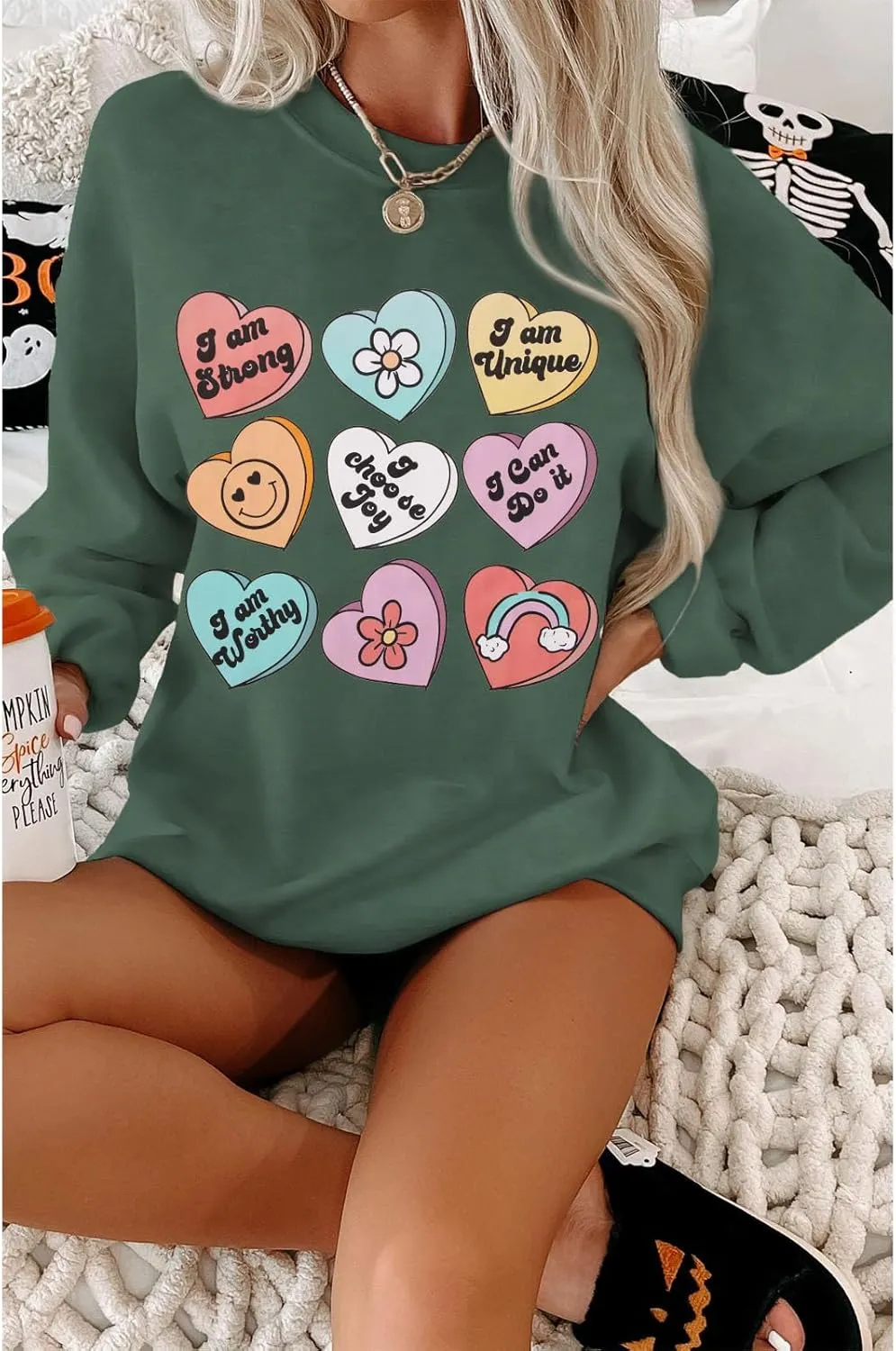 SOFEON Womens Valentines Sweatshirt Heart Print Inspirational Long Sleeve Shirts Crewneck Pullover Oversized Tops