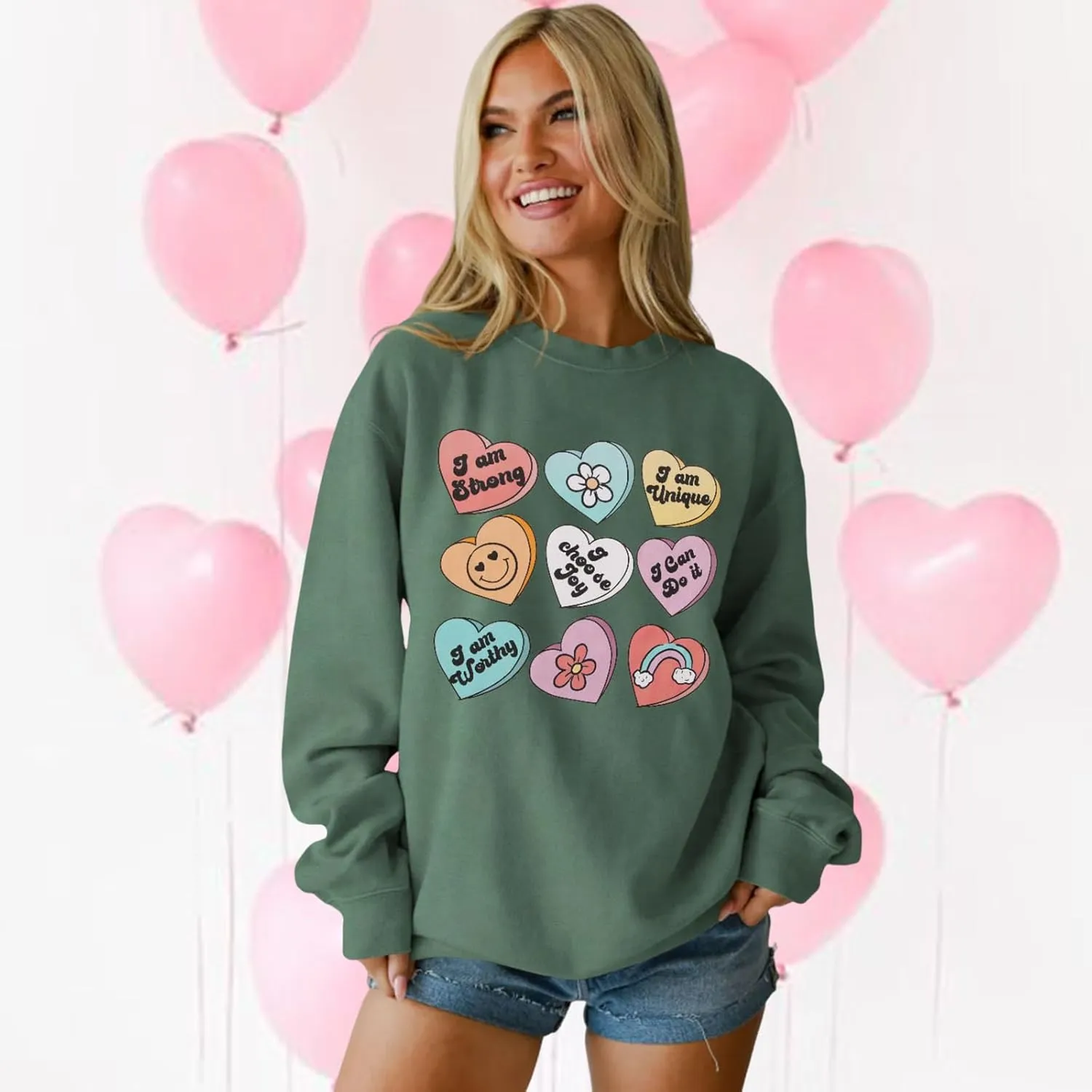 SOFEON Womens Valentines Sweatshirt Heart Print Inspirational Long Sleeve Shirts Crewneck Pullover Oversized Tops