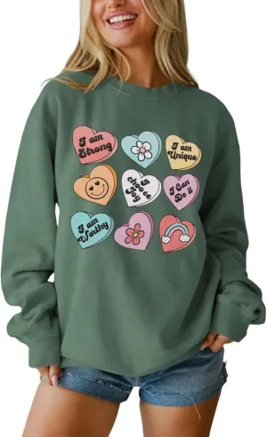 SOFEON Womens Valentines Sweatshirt Heart Print Inspirational Long Sleeve Shirts Crewneck Pullover Oversized Tops