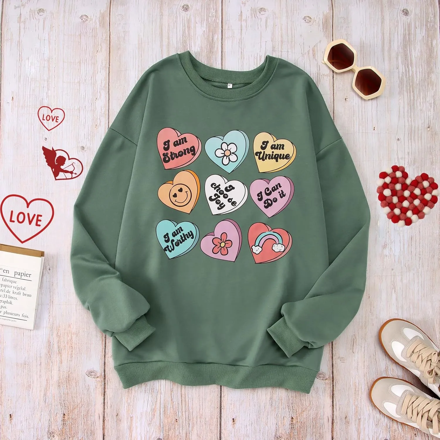 SOFEON Womens Valentines Sweatshirt Heart Print Inspirational Long Sleeve Shirts Crewneck Pullover Oversized Tops