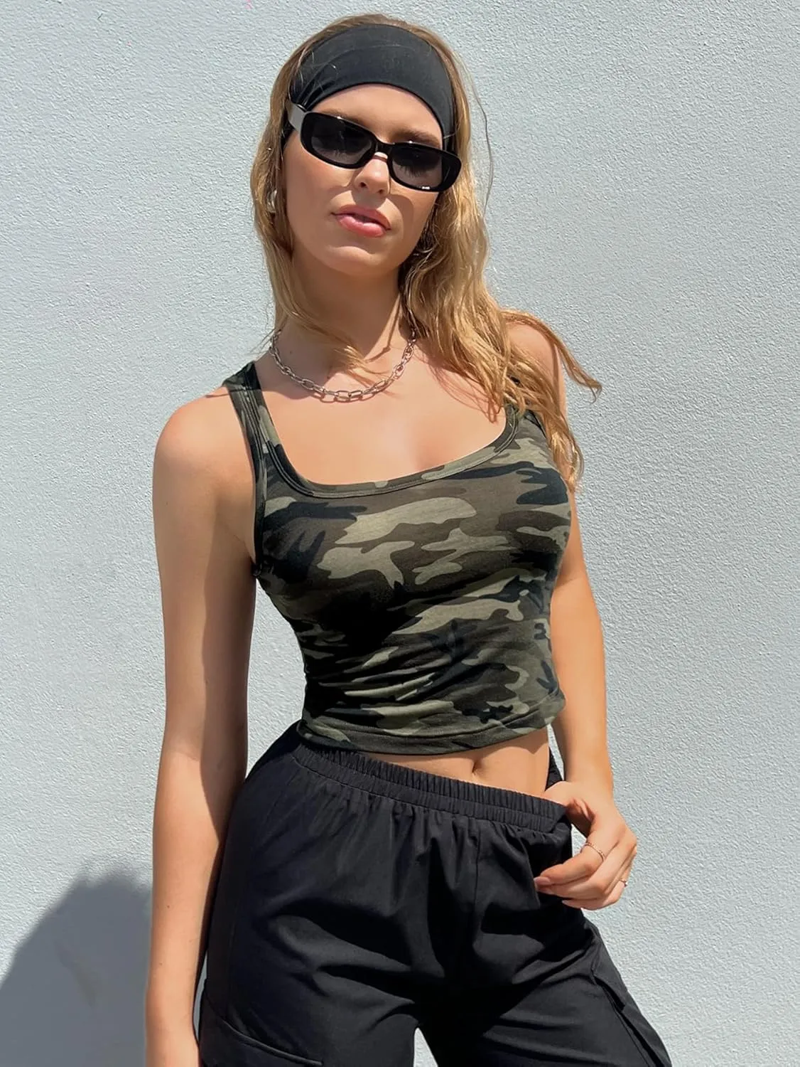 SOLY HUX Women's Square Neck Tank Top Sleeveless Slim Fit Shirts Camo Vest Tops