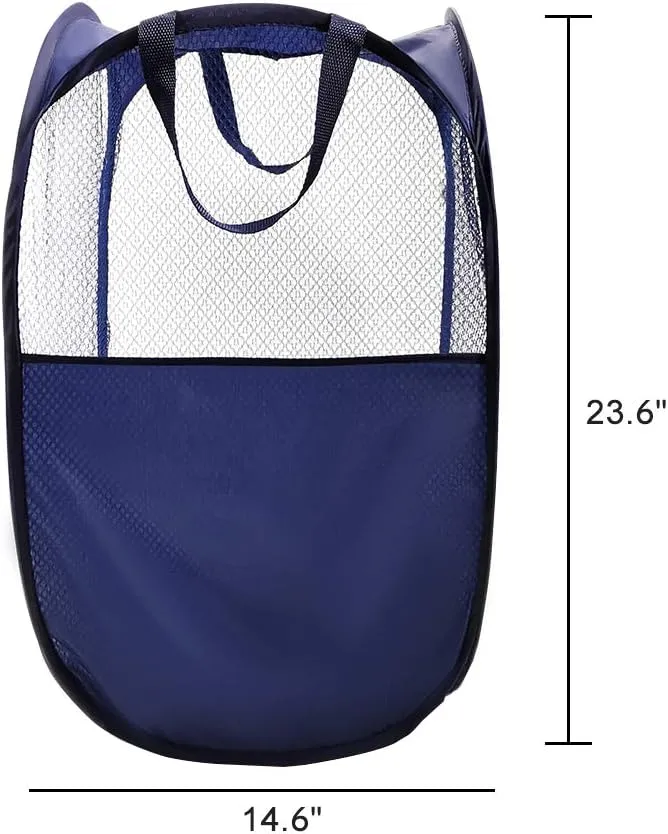 SPINFOX Pop Up Collapsible Laundry Baskets, 2 Pack Foldable Mesh Popup Laundry Hamper with Reinforced Carry Handles, Mesh Laundry Basket for Kids Room College Dorm or Travel(Blue)