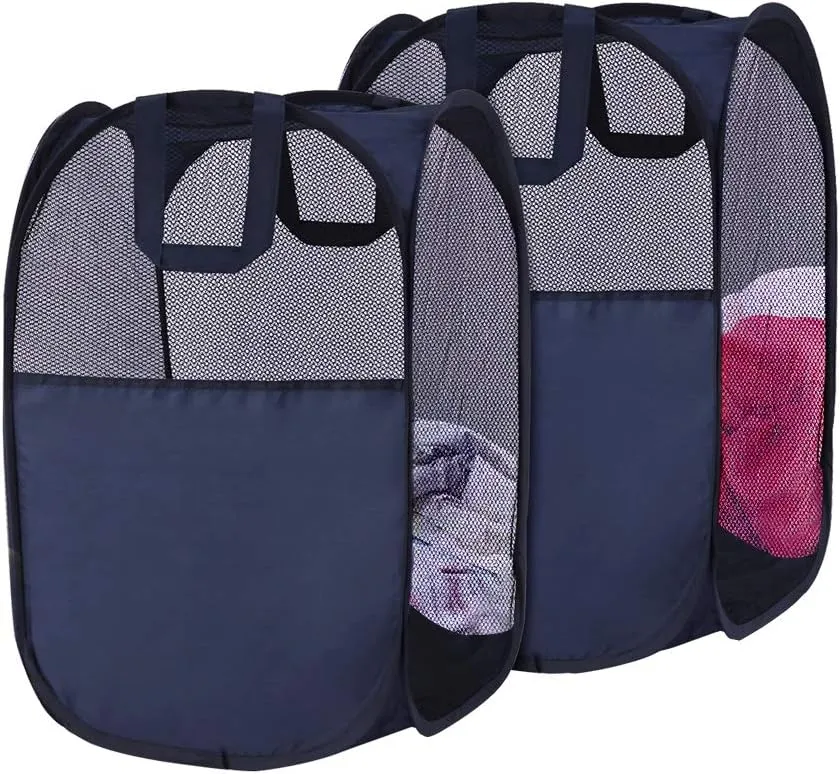 SPINFOX Pop Up Collapsible Laundry Baskets, 2 Pack Foldable Mesh Popup Laundry Hamper with Reinforced Carry Handles, Mesh Laundry Basket for Kids Room College Dorm or Travel(Blue)