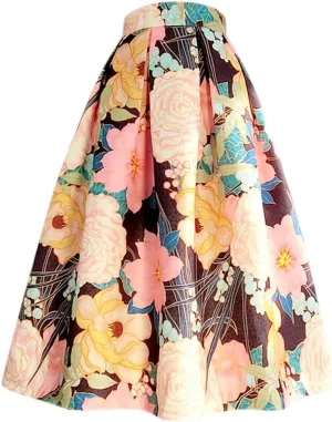 Spring Autumn Vintage High Waisted Pleated Midi Skirts Floral Print Purple Rose Pleated Midi Skirt