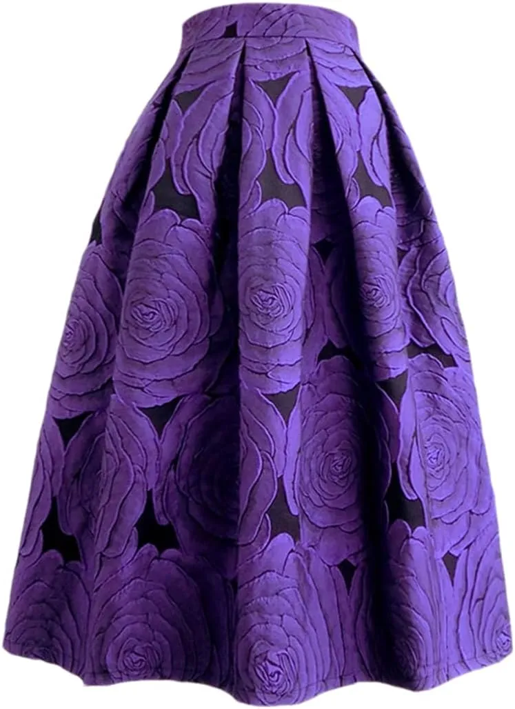 Spring Autumn Vintage High Waisted Pleated Midi Skirts Floral Print Purple Rose Pleated Midi Skirt