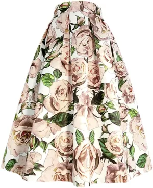 Spring Autumn Vintage High Waisted Pleated Midi Skirts Floral Print Purple Rose Pleated Midi Skirt