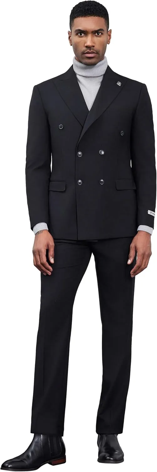 STACY ADAMS Suits 3pc Suit Set,Double Breasted Jacket Vest and Dress Pants,Hybrid-Fit Suits