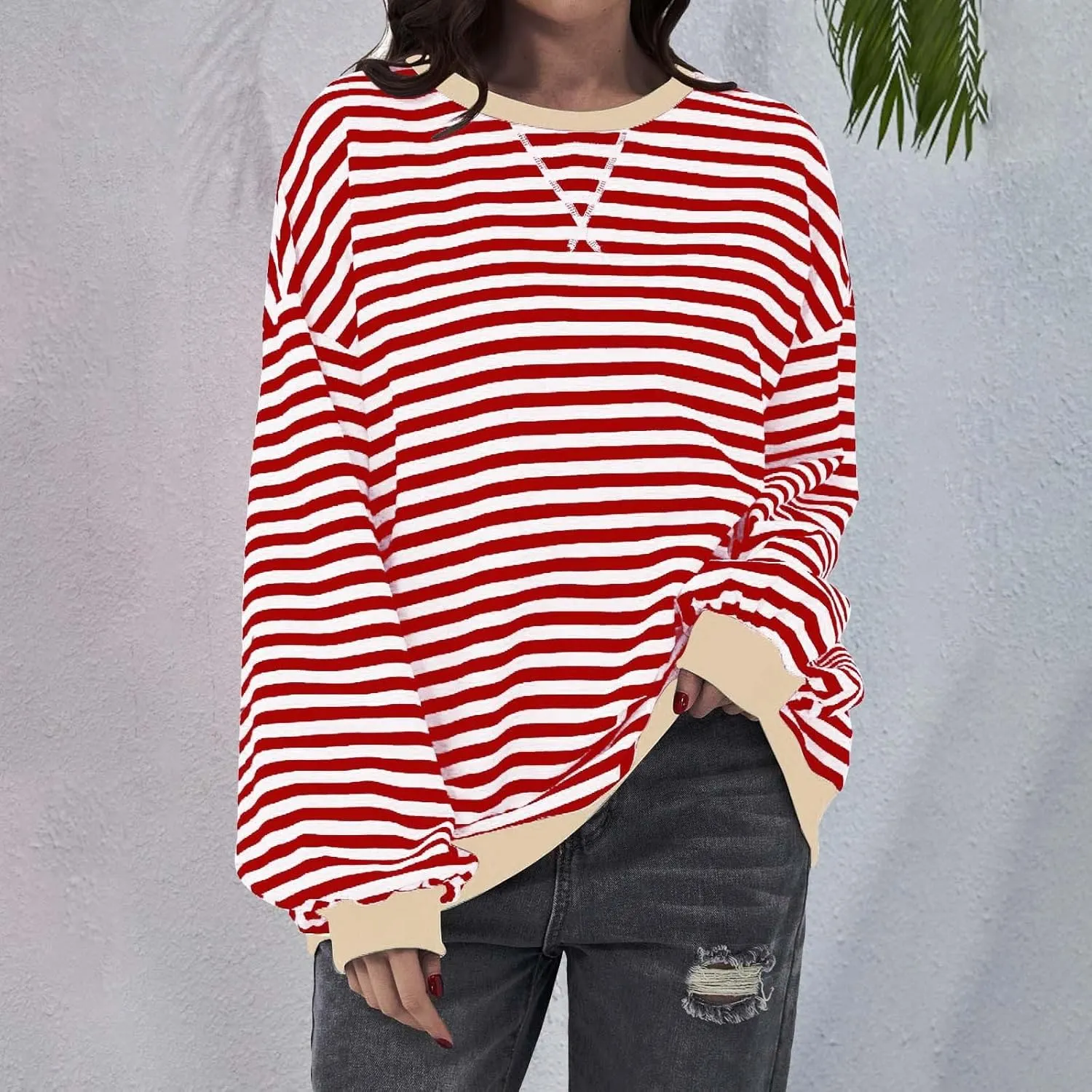 Striped Shirt Colorblock Sweatshirt Women Oversized Sweatshirt Long Sleeve Shirts Fall Outfits for Women 2024
