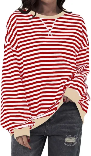 Striped Shirt Colorblock Sweatshirt Women Oversized Sweatshirt Long Sleeve Shirts Fall Outfits for Women 2024