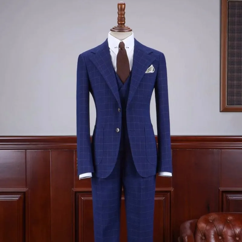 Stylish Dark Blue Plaid Notched Lapel Three Pieces Business Suits Slin Fit Wedding Suits