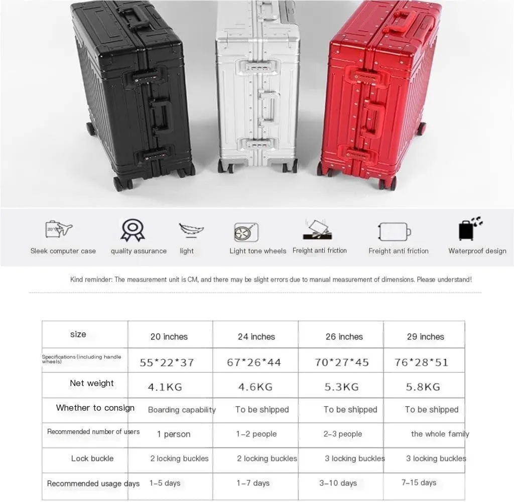 Suitcase All-aluminum Magnesium Alloy Metal Case Trolley Case Hard Case Men's And Women's Luggage Check-in Case Luggage(Red,26in)