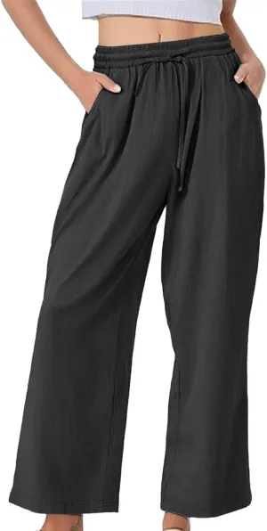 Summer Linen Pants for Women Wide Leg Palazzo Flowy Pants Casual Loose High Waisted Drawstring Solid Lounge Trousers