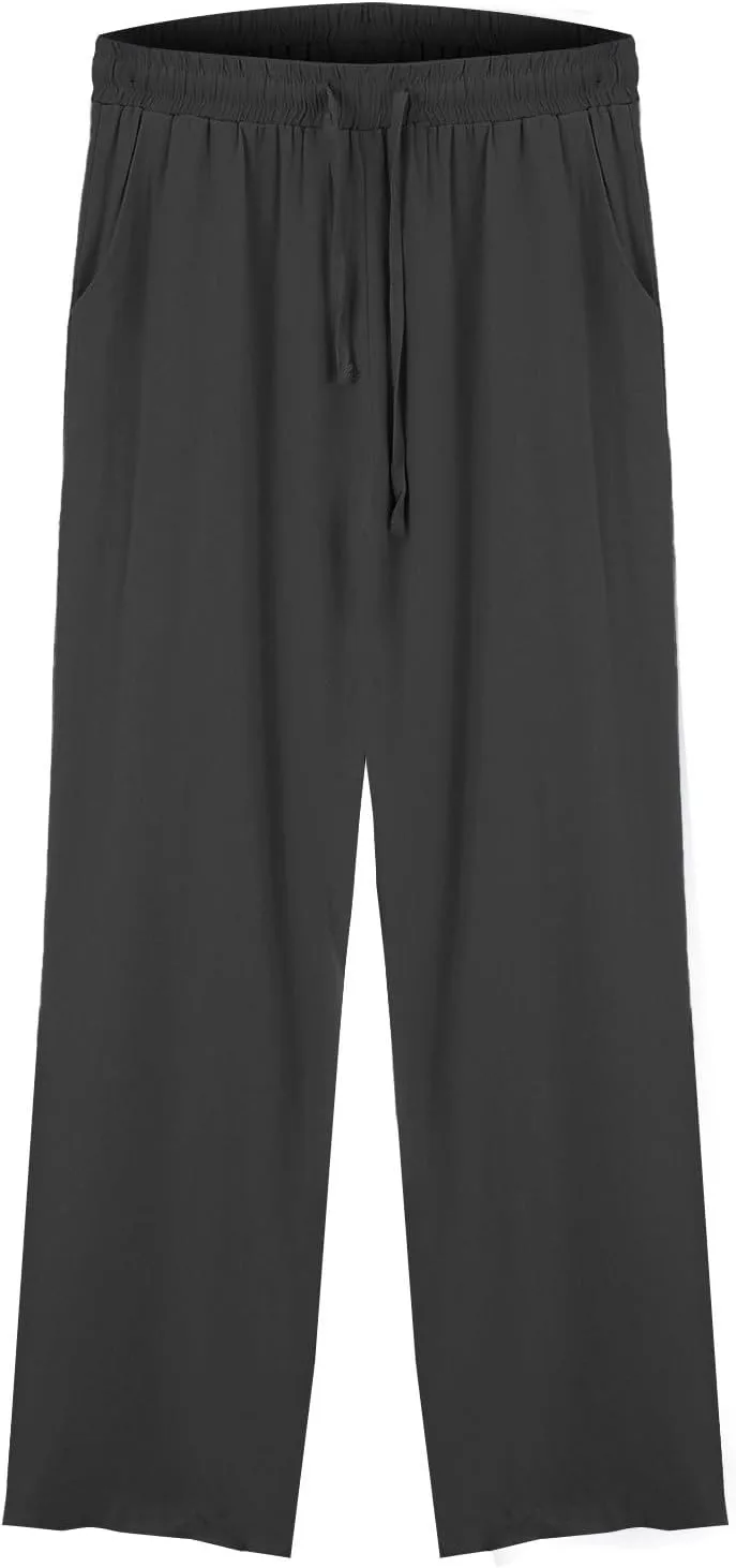 Summer Linen Pants for Women Wide Leg Palazzo Flowy Pants Casual Loose High Waisted Drawstring Solid Lounge Trousers