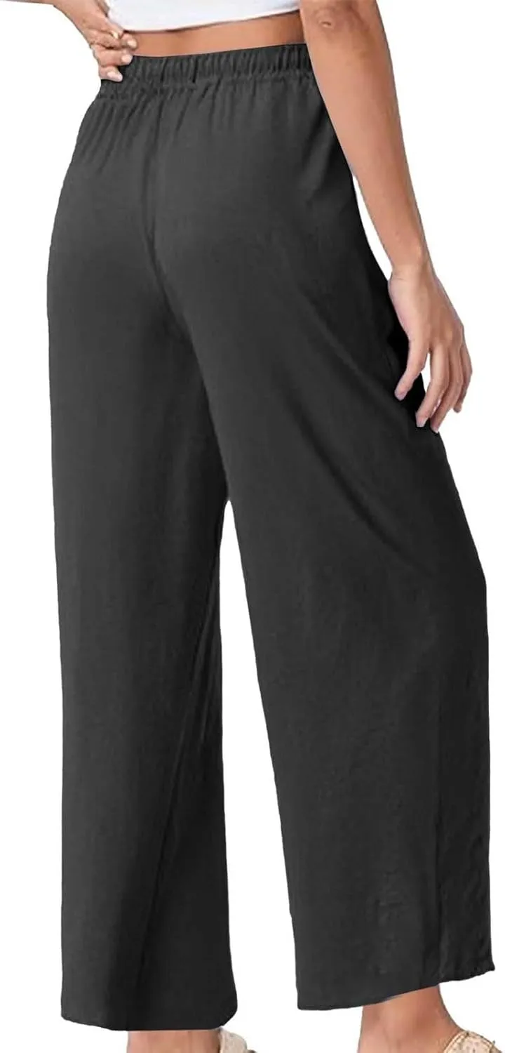Summer Linen Pants for Women Wide Leg Palazzo Flowy Pants Casual Loose High Waisted Drawstring Solid Lounge Trousers
