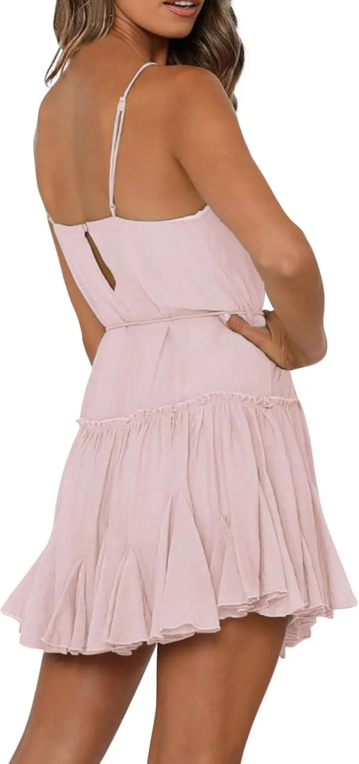 Sundresses for Women Summer Spaghetti Strap Tie Waist Ruffle Mini Dress A Line Flowy Tiered Dress Vacation Dresses