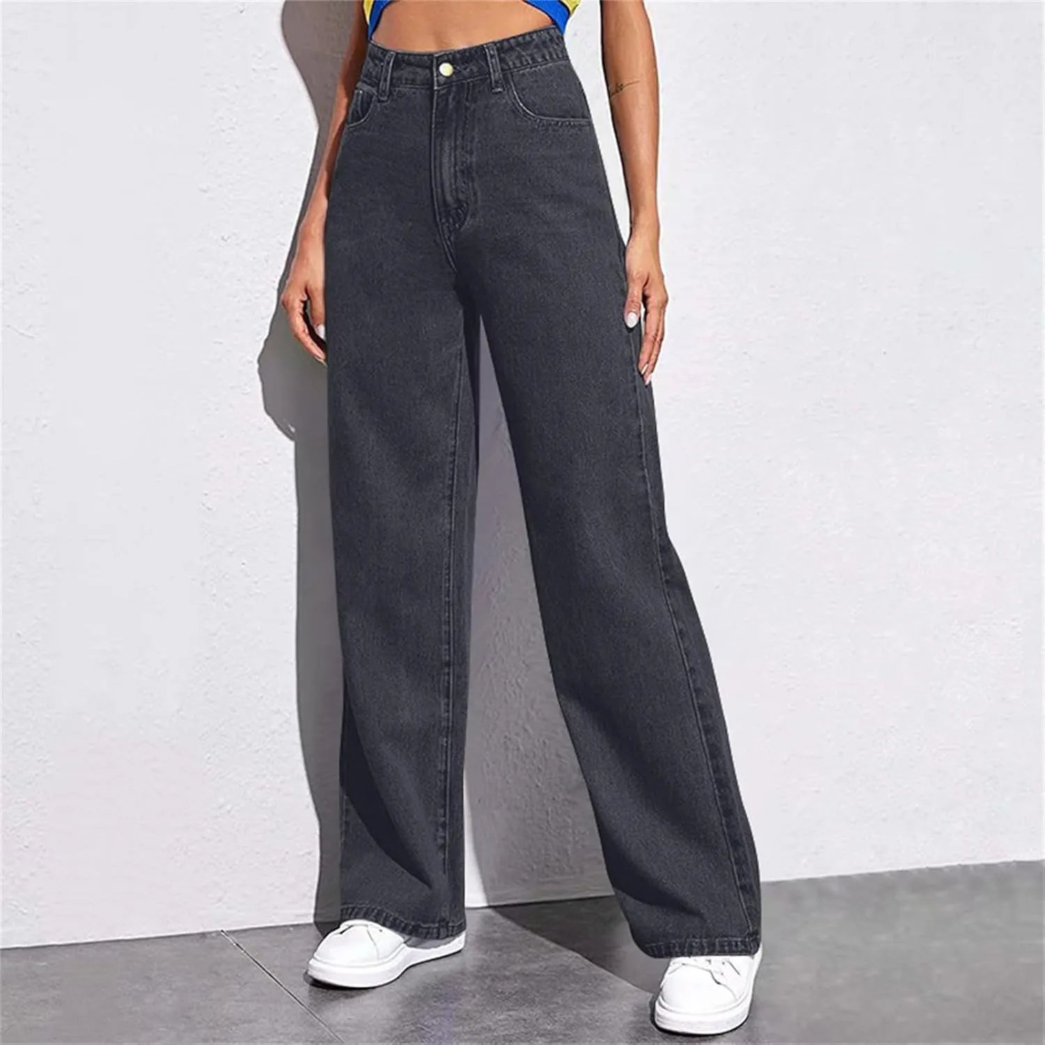Sweatpants That Look Like Jeans for Women Wide Leg Sweatpants High Waist Baggy Straight Leg Boyfriend Jeans w/Pockets