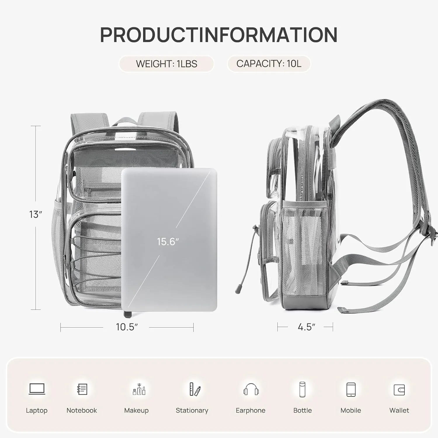 Telena Small Clear Bag for Stadium Events Heavy Duty PVC Transparent Mini Backpack Grey