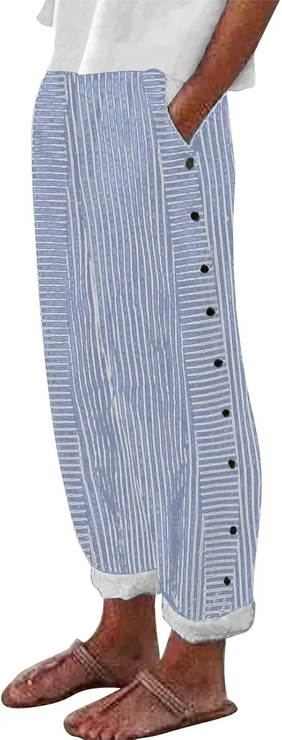 Today Deals Linen Pants Women Summer 2024 Striped Casual Elastic High Waist Straight Leg Loose Boho Trendy Trousers Cropped Trouser, X-Large, Women2-blue