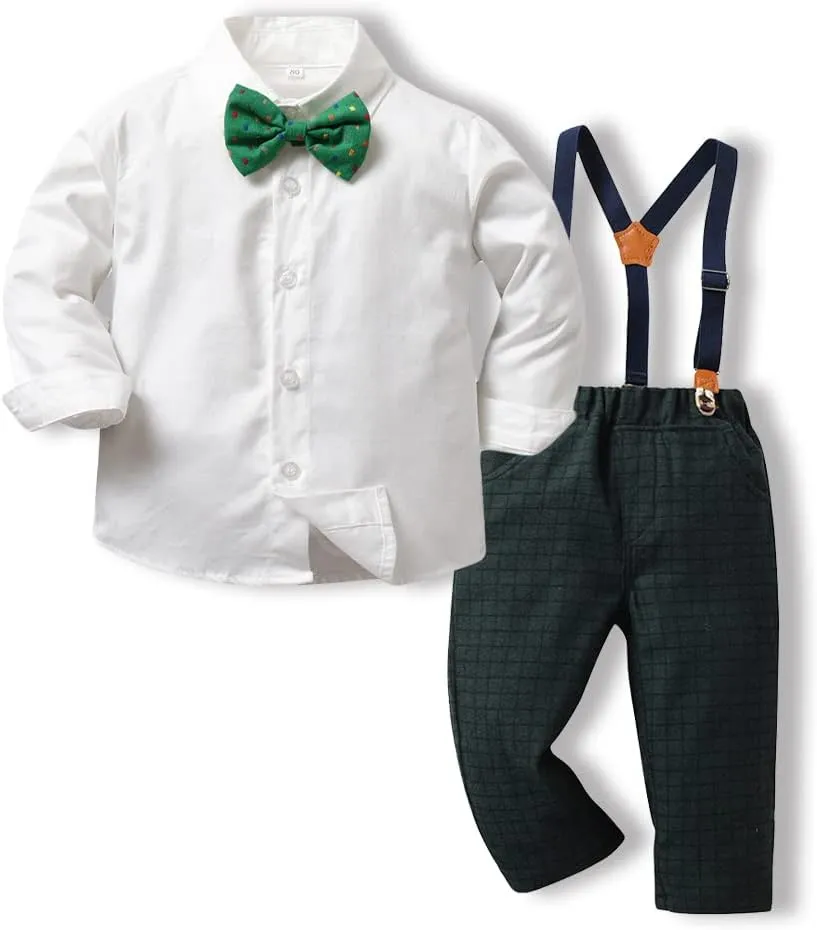 Toddler Boys Gentleman Outfits Long Sleeve White Bowtie Shirts Suspenders Pants Suits Tuxedos