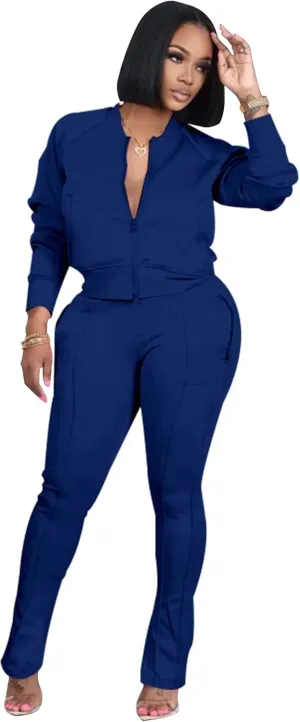 TOPSRANI Women Two Piece Outfits Casual Sweatsuits Bodycon Tracksuit Solid Sweat Suit Zip Crop Jacket Matching Pants Set
