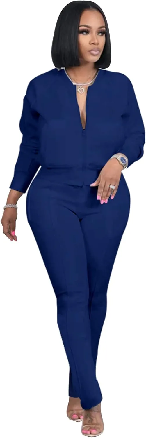 TOPSRANI Women Two Piece Outfits Casual Sweatsuits Bodycon Tracksuit Solid Sweat Suit Zip Crop Jacket Matching Pants Set