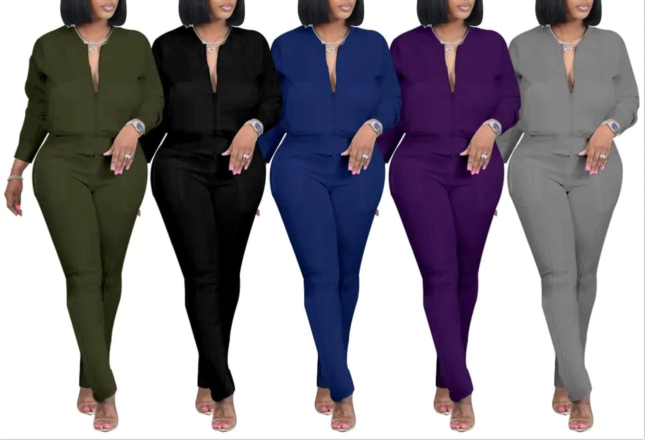 TOPSRANI Women Two Piece Outfits Casual Sweatsuits Bodycon Tracksuit Solid Sweat Suit Zip Crop Jacket Matching Pants Set