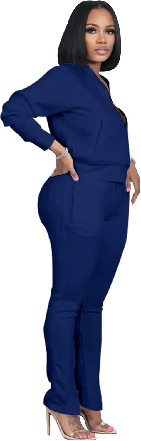 TOPSRANI Women Two Piece Outfits Casual Sweatsuits Bodycon Tracksuit Solid Sweat Suit Zip Crop Jacket Matching Pants Set