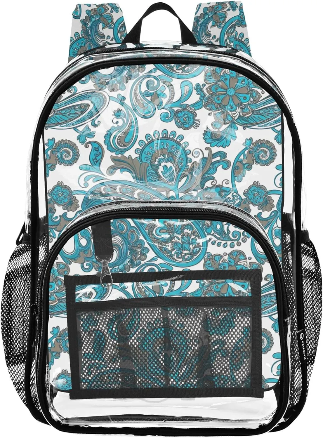 Travel Clear Backpack Floral Kids Backpack Boys Girls School Clear Plastic Bag Pvc Elegant Blue Green Paisley Motifs