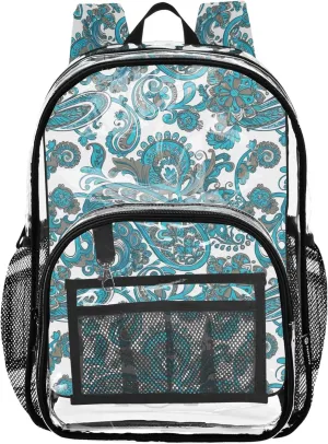 Travel Clear Backpack Floral Kids Backpack Boys Girls School Clear Plastic Bag Pvc Elegant Blue Green Paisley Motifs