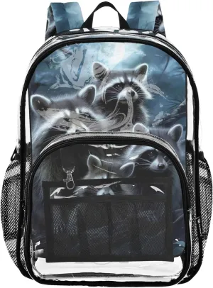 Travel Clear Backpack Floral Kids Backpack for Girls Plastic Transparent Bookbag Raccoons Moonlight Animal