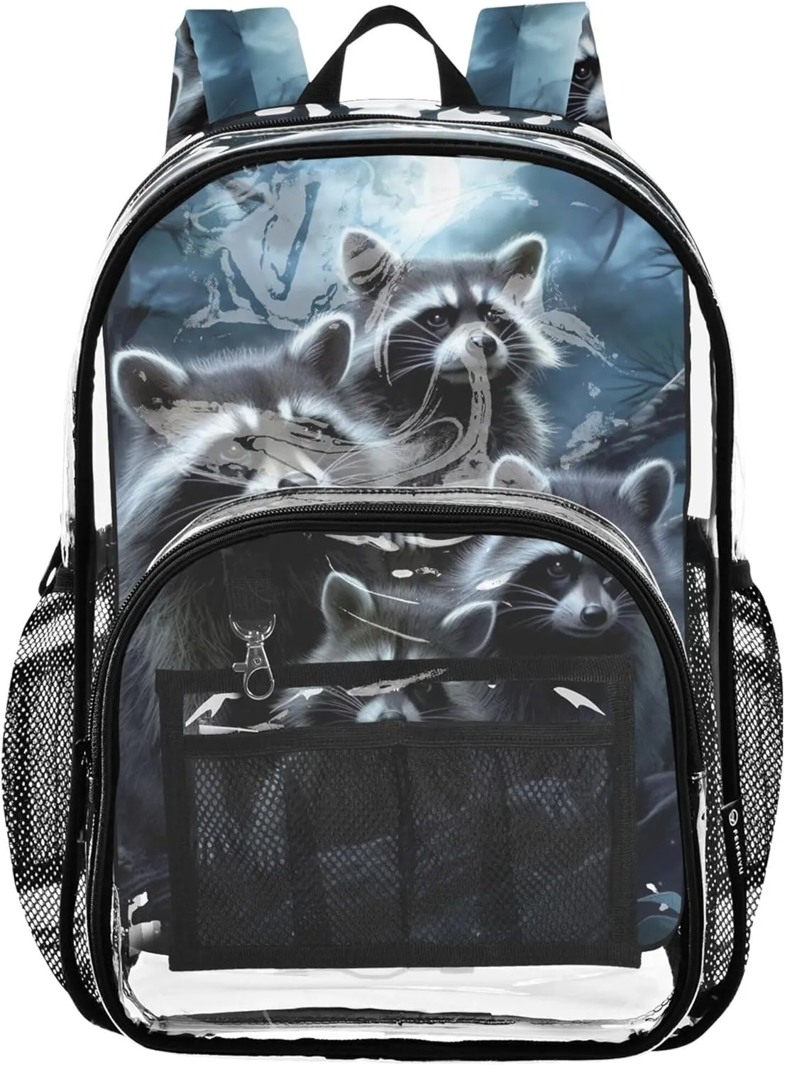 Travel Clear Backpack Floral Kids Backpack for Girls Plastic Transparent Bookbag Raccoons Moonlight Animal