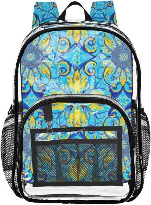 Travel Clear Backpack Floral Traditional Floral Blue Yellow Boys Backpacks for Girls Pvc School Plastic Bookbag