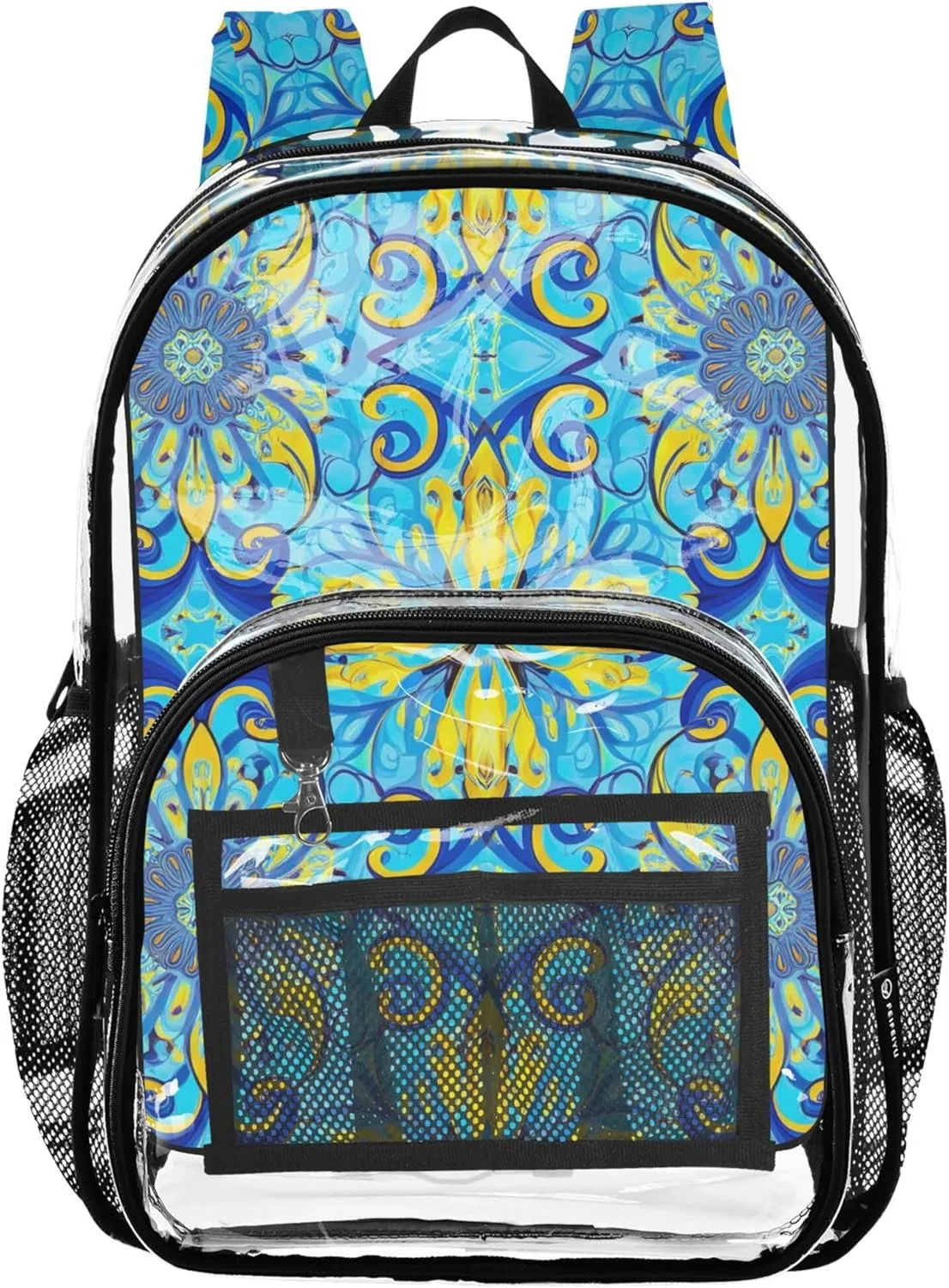 Travel Clear Backpack Floral Traditional Floral Blue Yellow Boys Backpacks for Girls Pvc School Plastic Bookbag