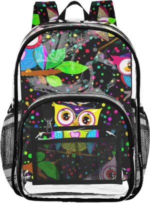 Travel Clear Bags for Women Kids Girls Backpack Boys School Clear Plastic Bag Pvc Cute Colorful Owls Dots Black