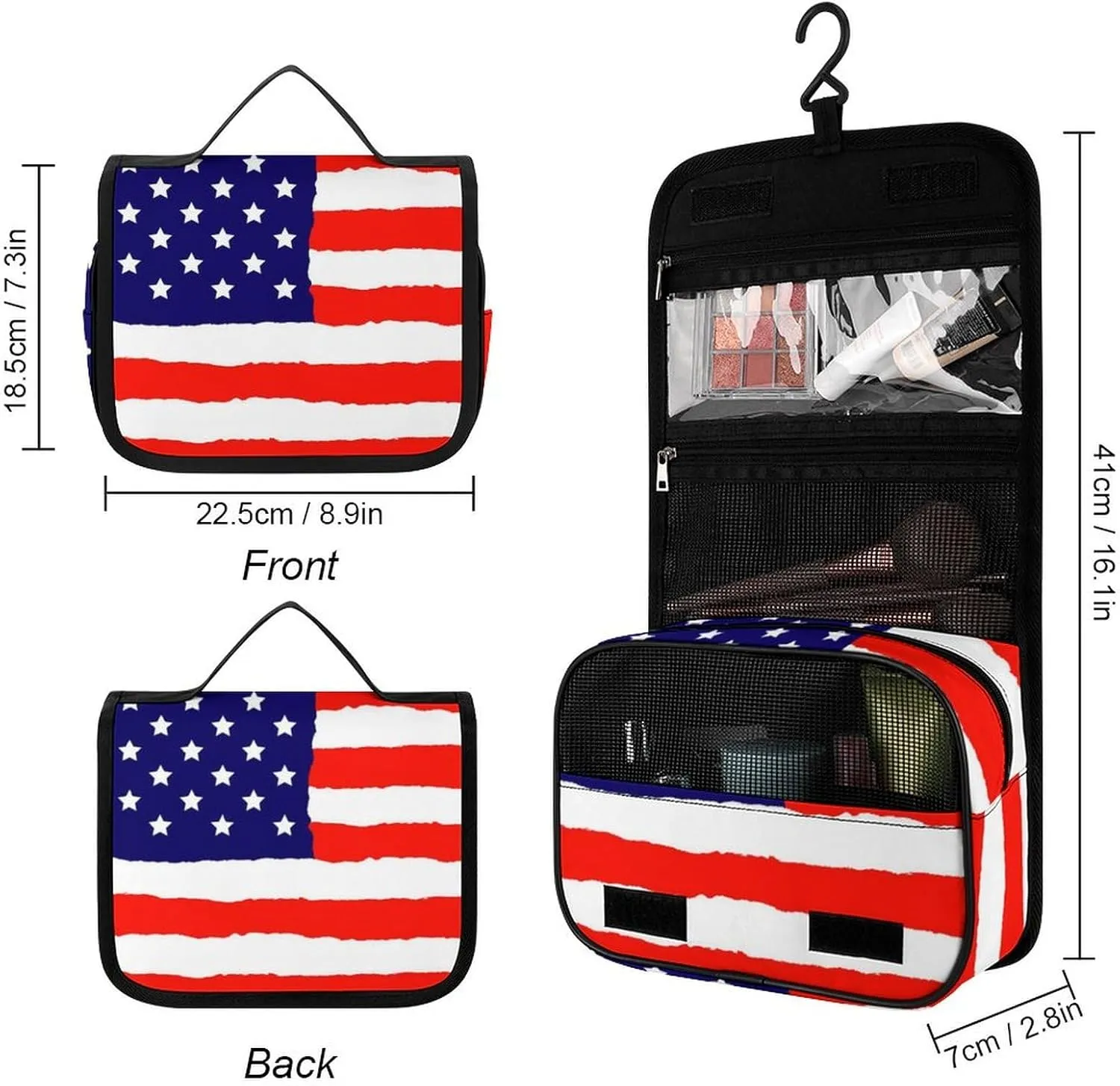 Travel Toiletry Bag, Portable Makeup Bag with Hanging Hook, Hanging Organizer for Women Men Shampoo, Conditioner, Brushes Set, Red Blue White American Flag