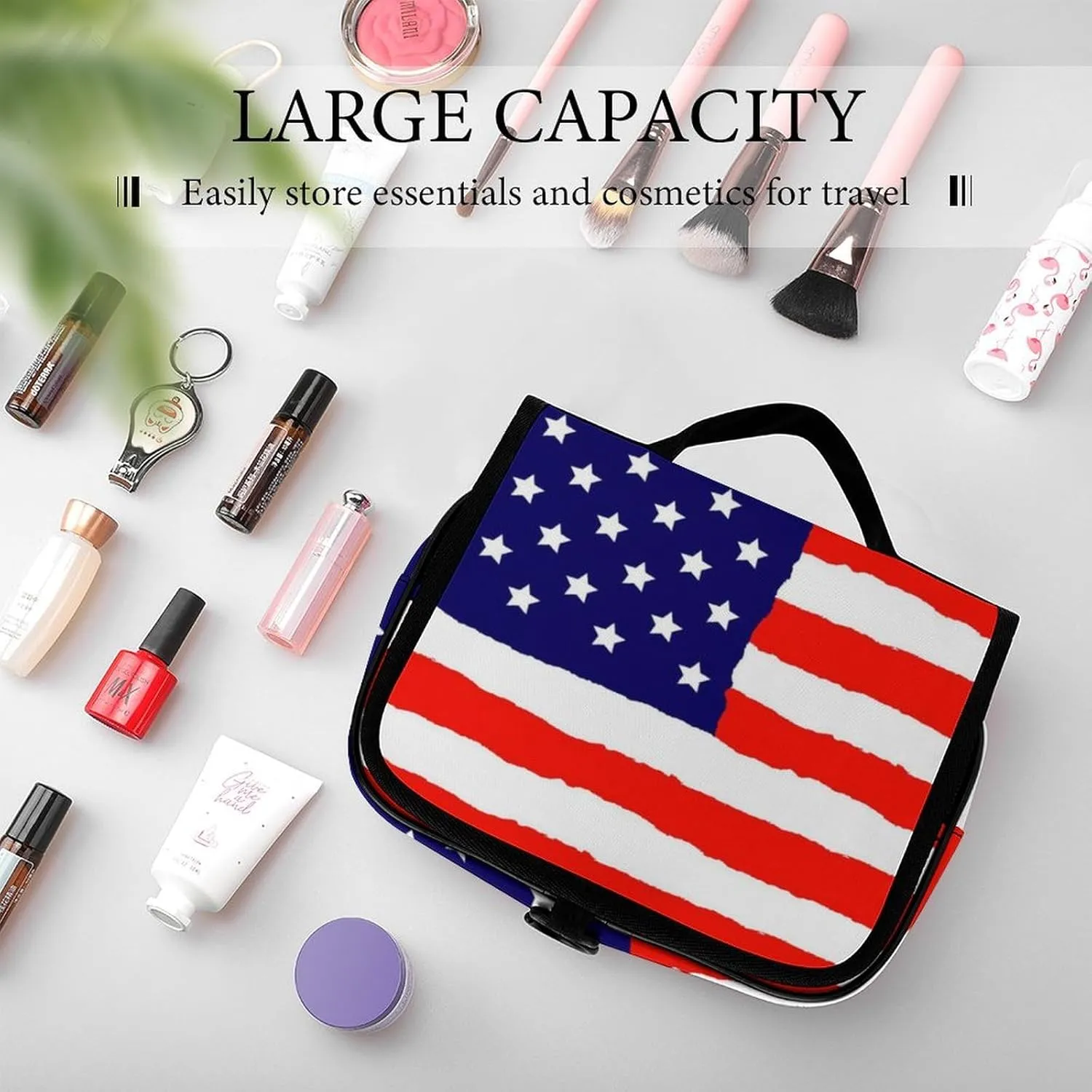 Travel Toiletry Bag, Portable Makeup Bag with Hanging Hook, Hanging Organizer for Women Men Shampoo, Conditioner, Brushes Set, Red Blue White American Flag