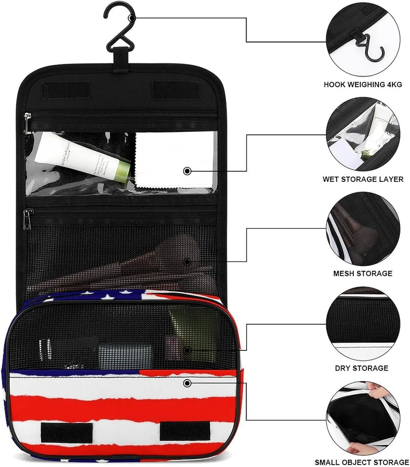 Travel Toiletry Bag, Portable Makeup Bag with Hanging Hook, Hanging Organizer for Women Men Shampoo, Conditioner, Brushes Set, Red Blue White American Flag