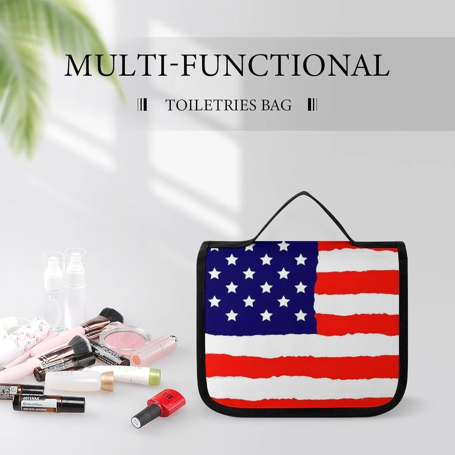 Travel Toiletry Bag, Portable Makeup Bag with Hanging Hook, Hanging Organizer for Women Men Shampoo, Conditioner, Brushes Set, Red Blue White American Flag