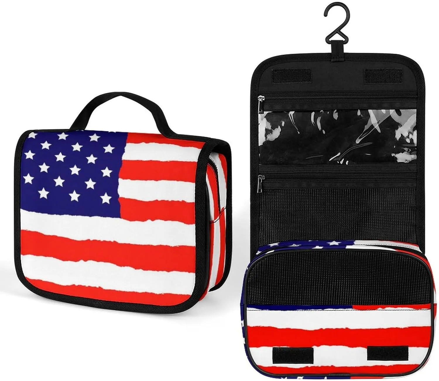 Travel Toiletry Bag, Portable Makeup Bag with Hanging Hook, Hanging Organizer for Women Men Shampoo, Conditioner, Brushes Set, Red Blue White American Flag