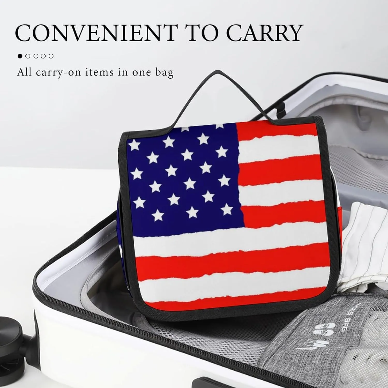 Travel Toiletry Bag, Portable Makeup Bag with Hanging Hook, Hanging Organizer for Women Men Shampoo, Conditioner, Brushes Set, Red Blue White American Flag