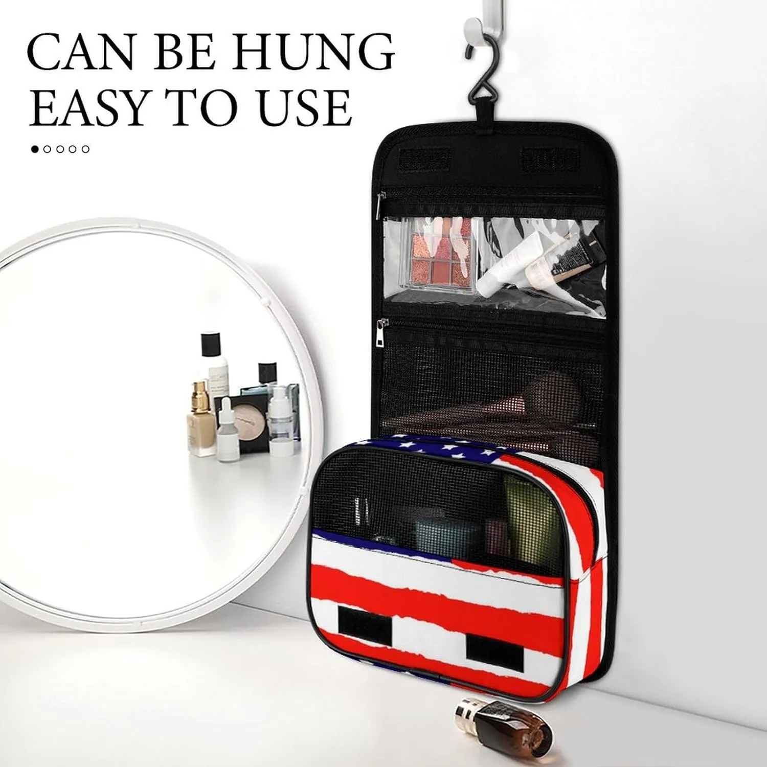Travel Toiletry Bag, Portable Makeup Bag with Hanging Hook, Hanging Organizer for Women Men Shampoo, Conditioner, Brushes Set, Red Blue White American Flag
