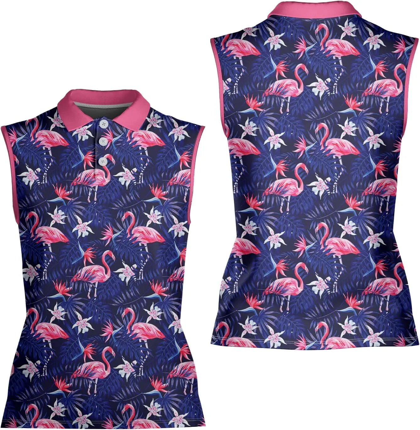 Tropical Flamingo Sleeveless Polo Shirt for Women, Summer Sports Athletic Tennis Golf Shirts Quick Dry Outdoor Sports