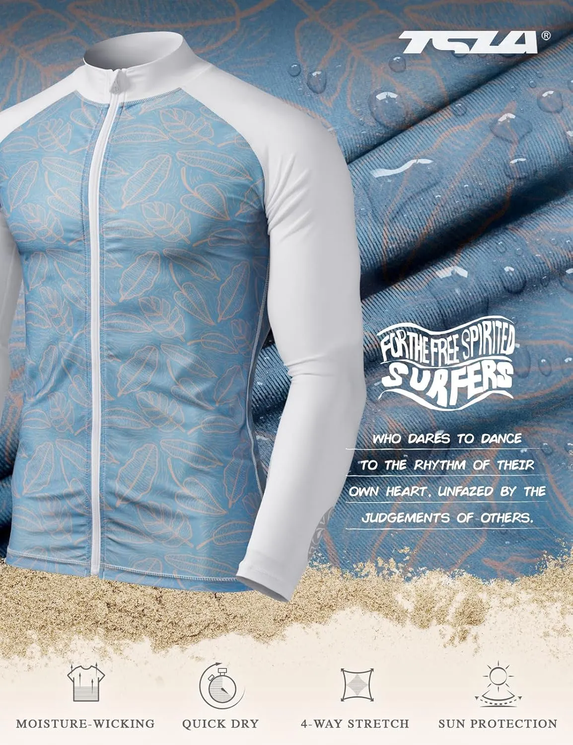 TSLA Men's Long Sleeve Zip Rash Guard, UPF50  UV/Sun Protection Quick Dry Swim Shirts